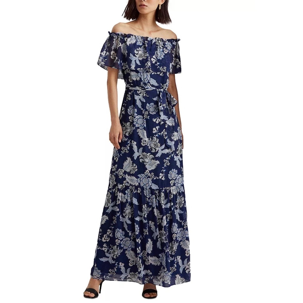 Lauren Ralph Lauren Navy Floral Off-the-Shoulder Tiered Chiffon Maxi Dress Sz. 6